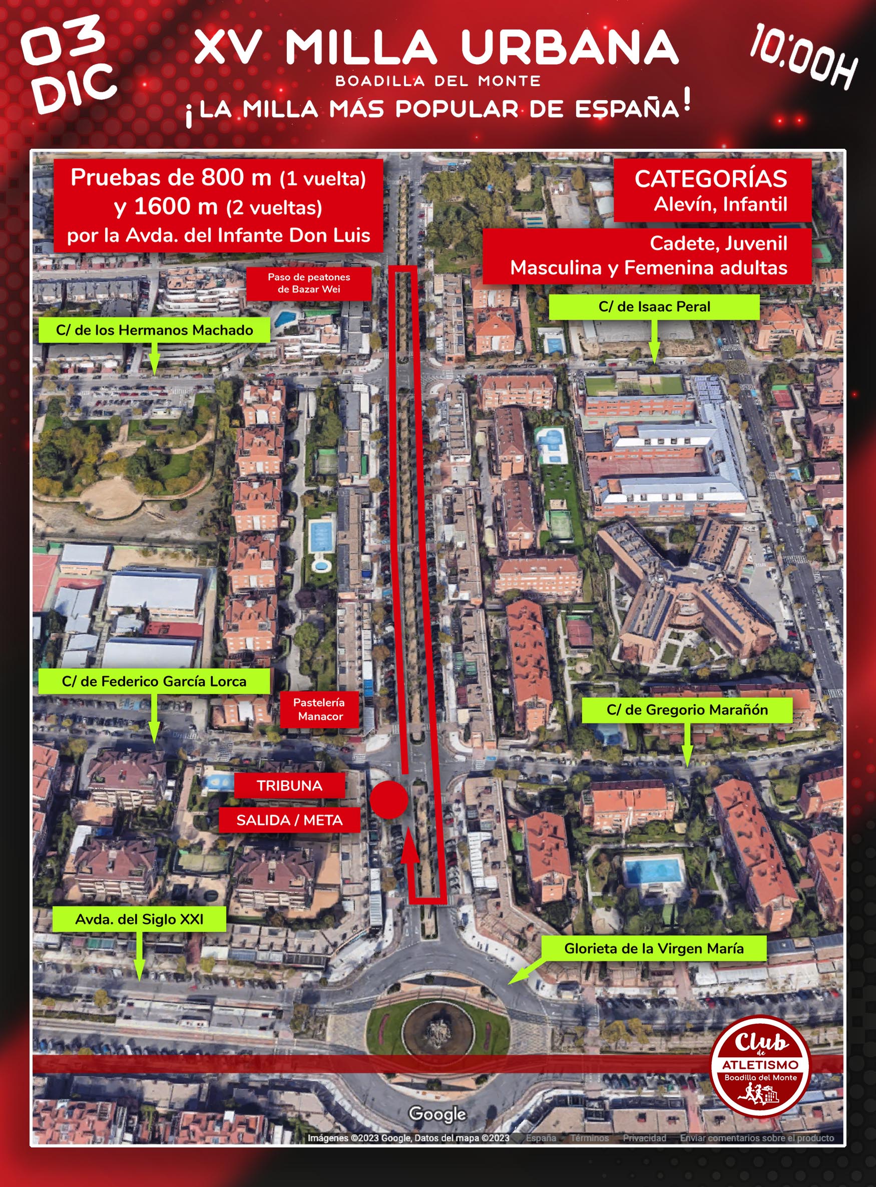 Cartel del plano de 800 y 1600 m milla urbana de Boadilla 2023